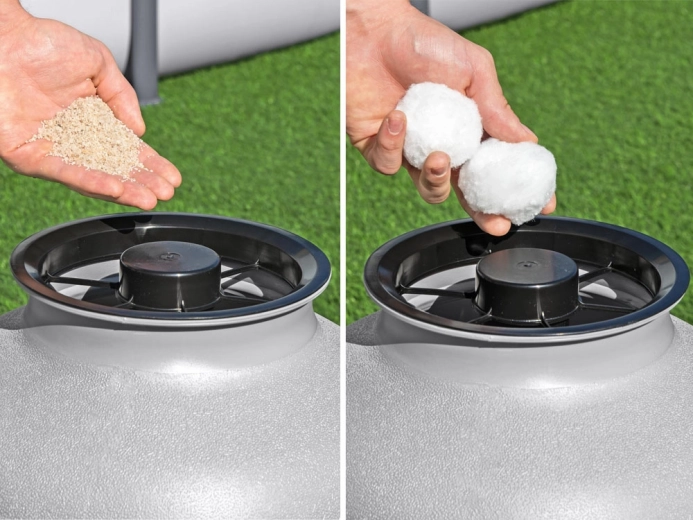 Saderīgs ar smiltīm un filtrējošām lodītēm