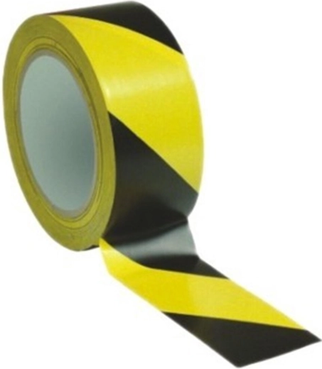 Brīdinājuma pašlīmējošā lente 48 mm × 66 m, dzelteni melna, slīpas svītras pa labi