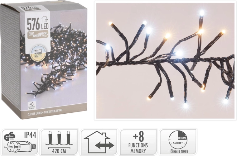 Ziemassvētku LED gaismas virtene 4,2 m, 576 LED, silti balta, 8 funkcijas, IP44, ar taimeri