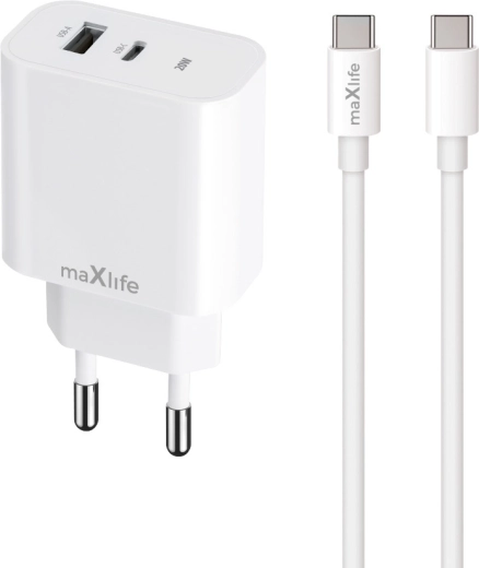 Maxlife MXTC-06-20AC USB-C + USB-A 20 W ātrās uzlādes lādētājs ar USB-C/USB-C kabeli