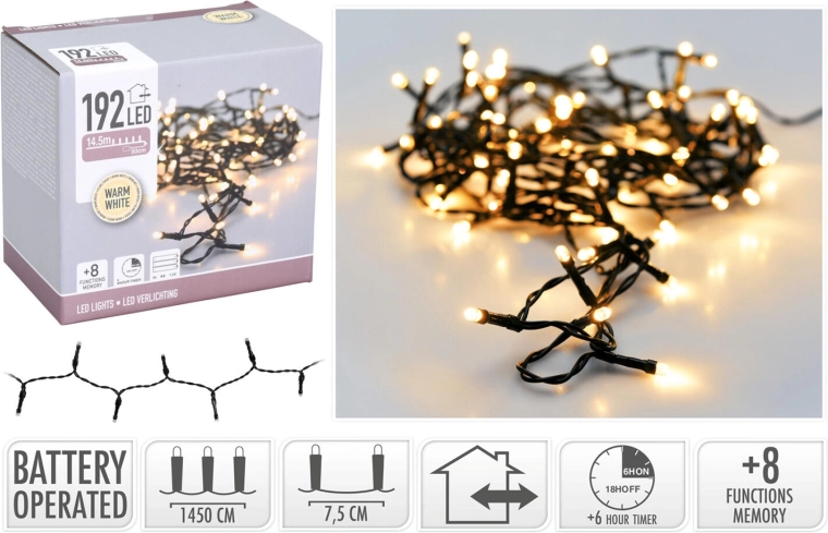 Ziemassvētku LED virtene 15 m, 192 LED, silti balta, 8 funkcijas, IP44