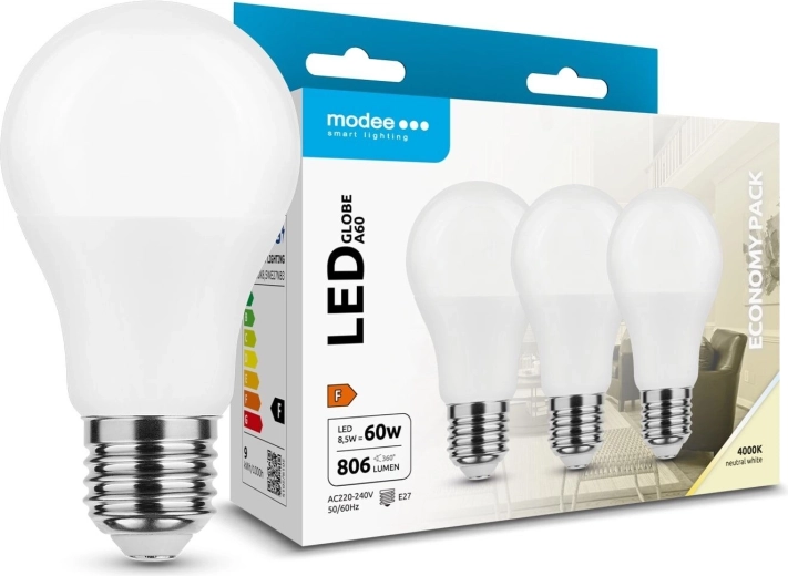 Modee LED spuldze Globe A60 8,5 W E27, 806 lm, neitrāli balta, iepakojumā 3 gab.