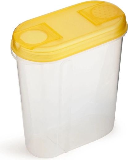 Plastmasas trauks beramajiem pārtikas produktiem 2 l ar dozēšanas vāciņu, ovāls