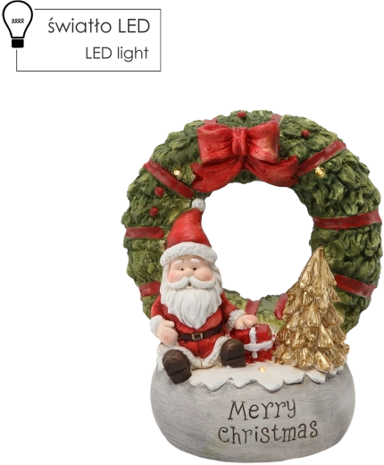 Ziemassvētku figūra – vainags ar Ziemassvētku vecīti un uzrakstu Merry Christmas, LED, 22 × 21 × 40 cm