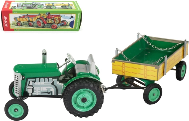 Traktors Zetor ar piekabi, uzvelkams ar atslēdziņu, metāla, 28 cm KOVAP – Zaļa