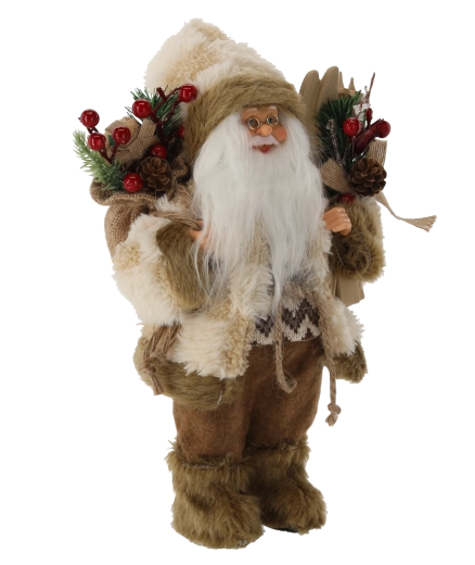 Ziemassvētku figūra Santa bēšā mētelī ar slēpēm 30 cm