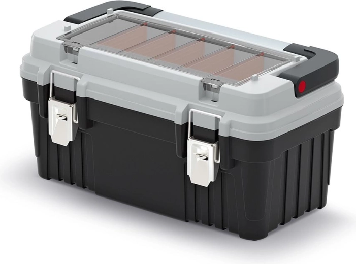 Plastic tool case with metal handle and locks OPTIMA, gray, 470 × 256 × 238 mm
