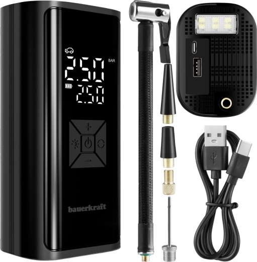 Elektriskā pārnēsājamā gaisa pumpa 150 PSI ar 6000 mAh powerbanku un LED lukturīti