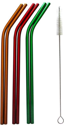 Set of Stainless Steel Straws 6+1 with Cleaning Brush – Black/Blue/Green