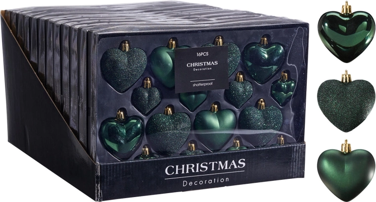 Christmas hanging heart ornaments, dark green, 16 pcs