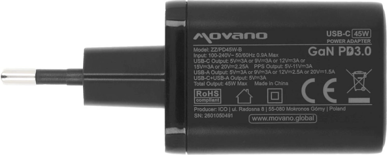 Ātra uzlāde līdz 45 W (USB-C PD 3.0 + PPS)