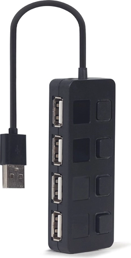 USB 2.0 sadalītājs ar 4 portiem un slēdžiem, melns – 1 gab.