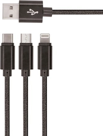 Setty nylon 3‑in‑1 USB cable microUSB, Lightning, USB‑C 1 m – black