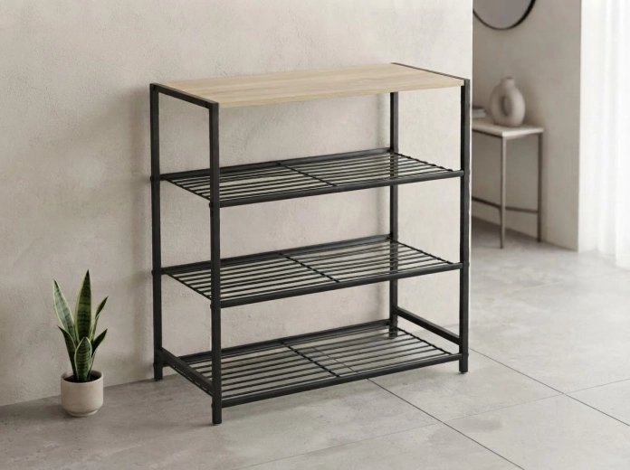 Plaukts ar 4 līmeņiem 60 × 30 × 63,5 cm, melns ar gaišu virsmu