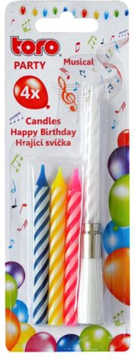 Dziedoša kūkas svecīte ar pamatni TORO Happy Birthday – komplekts ar 4 svecītēm