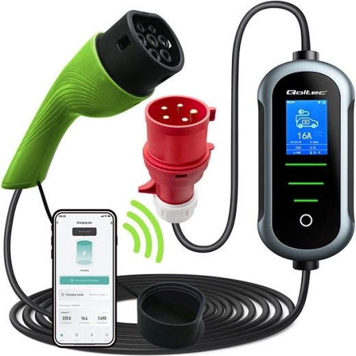 Pārnēsājams Wi‑Fi lādētājs elektromobiļiem Type 2, 22 kW, 400 V, LCD, 7 m – Qoltec