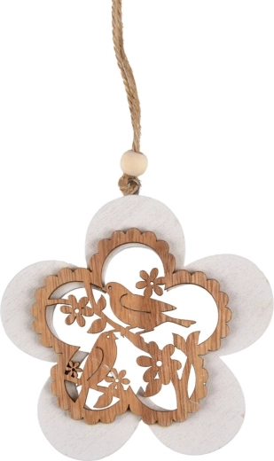 Hanging wooden flower ornament with bird, beige-white, 10 cm