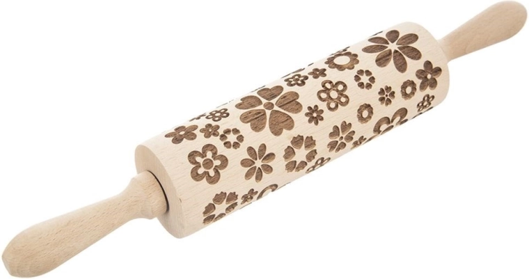 Wooden embossed rolling pin for dough with floral motif 39 cm
