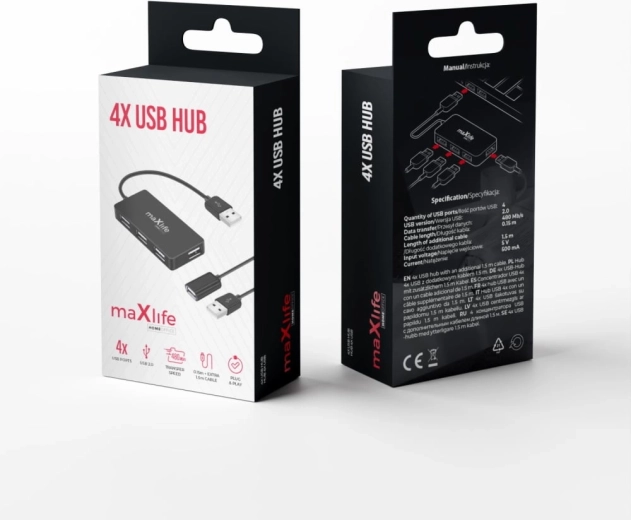 Maxlife Home Office USB Hub 4× USB 2.0 Black 1.5 m