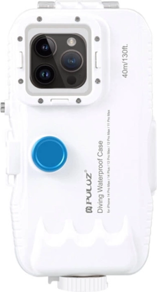 Plastmasas ūdensnecaurlaidīgs PULUZ korpuss iPhone 15 Plus, 15 Pro Max, 14 Plus, 14 Pro Max, 13 Pro Max, 12 Pro Max un 11 Pro Max – balts