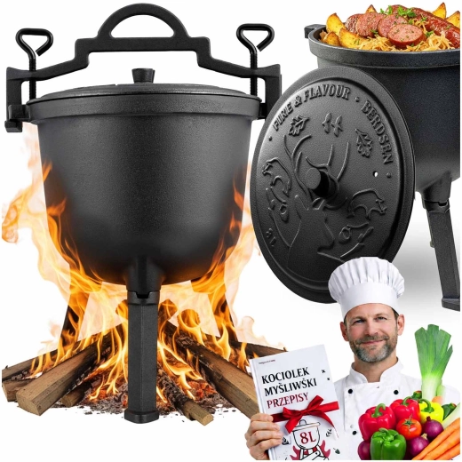 Čuguna katls 8 l ugunij un grilam ar kājām un vāku