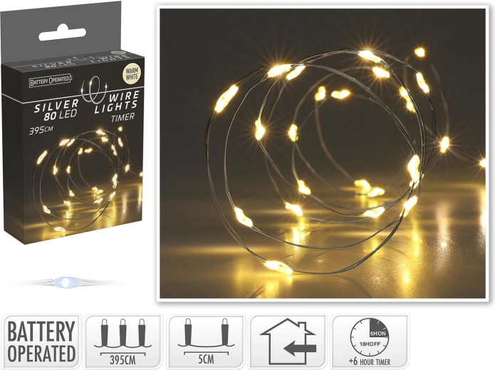 Ziemassvētku LED gaismas virtene 3,95 m, 80 LED, silti balta, sudraba stieple, taimeris - 1 gab.