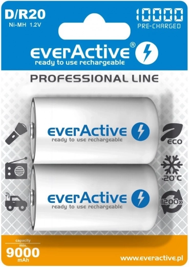 Uzlādējamās baterijas everActive R20/D Ni-MH 10000 mAh (2 gab.) gatavas lietošanai