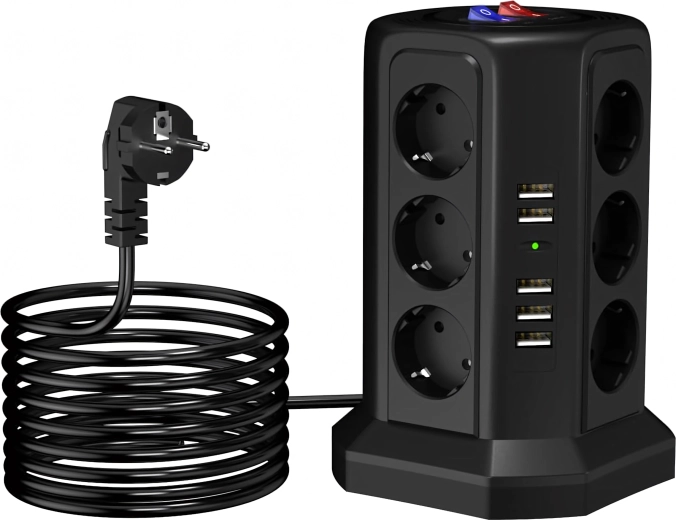 Vertikāls pārsprieguma aizsardzības pagarinātājs ar 12 rozetēm + 5 USB un atiestatīšanas funkciju