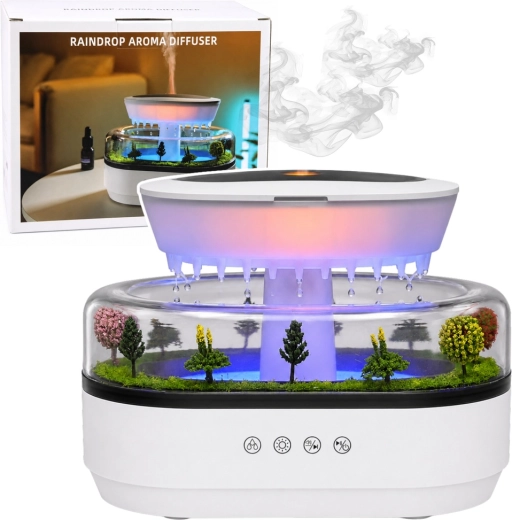 Air humidifier and aroma diffuser with rain effect and LED lighting