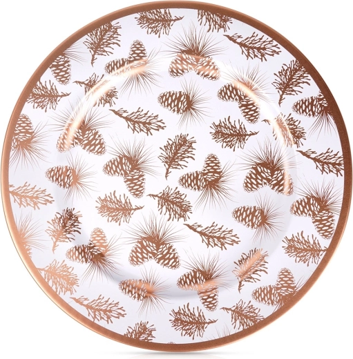 Decorative plate charger 33 cm – white with copper pinecone motif