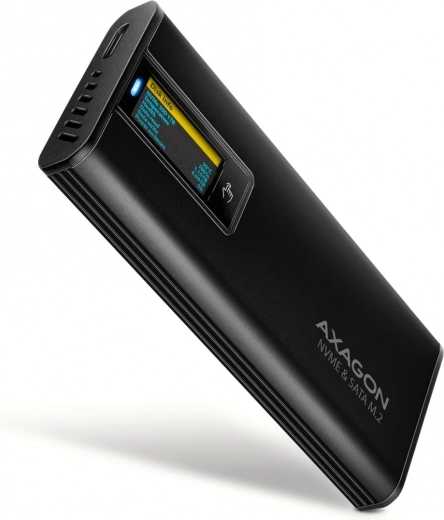 Axagon EEM2-SD2B ārējais alumīnija korpuss M.2 NVMe/SATA, USB-C 3.2 Gen 2, LED displejs, melns
