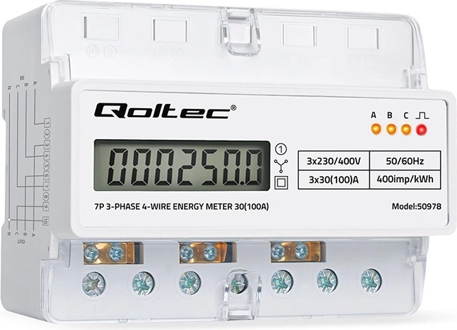 Trīsfāžu elektroniskais elektroenerģijas skaitītājs uz DIN sliedes, 400 V, 100 A, LCD un LED indikācija