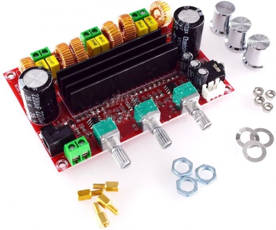 2.1 digitālais audio pastiprinātājs 2×80 W + 100 W ar subwooferi, TPA3116D2, 12–24 V