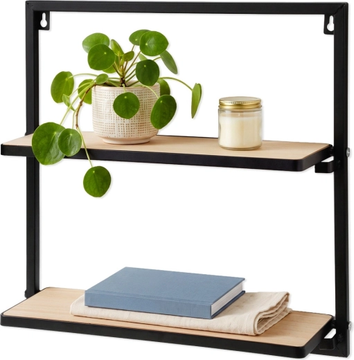 Melns metāla sienas plaukts ar 2 līmeņiem 40 × 12 × 40 cm