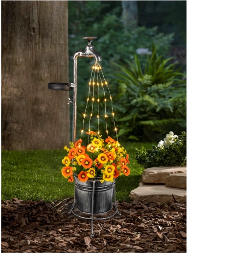 Saules dārza lampa ar krānu un puķu podu, 30 siltas baltas LED, 60 cm