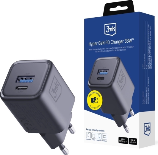 3MK Hyper Charger PD 33W GaN Wall Charger USB-A and USB-C Black