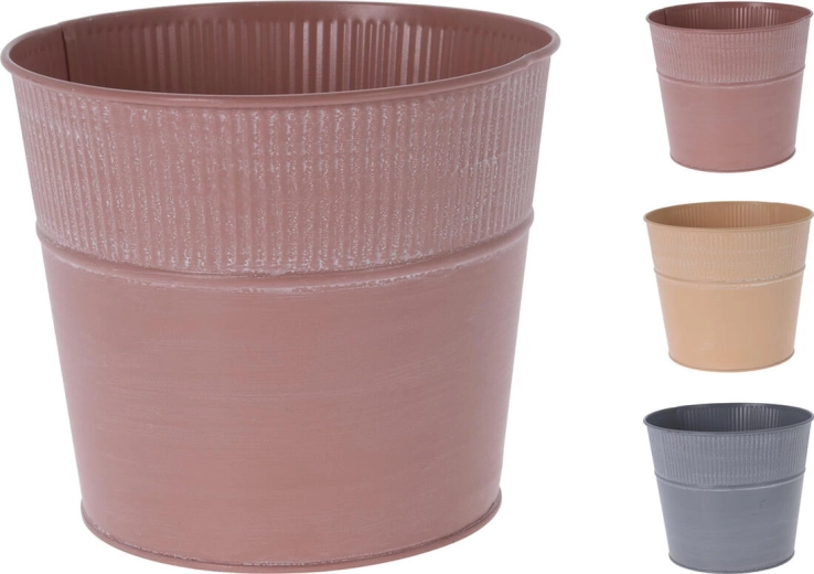 Decorative metal flower pot 18.5 cm – ribbed design, color mix
