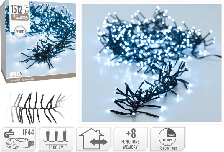 Ziemassvētku gaismas virtene 11 m, 1512 LED, auksti balta, 8 funkcijas, IP44, ar taimeri – 1 gab.