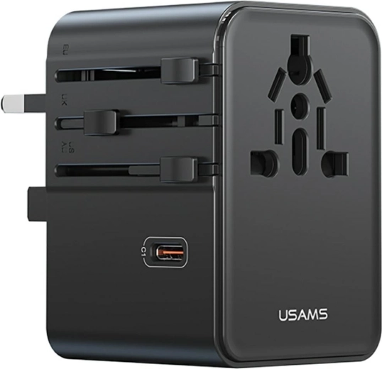 USAMS universāls ceļojumu adapteris un lādētājs 70 W (US/AU/EU/UK) melns