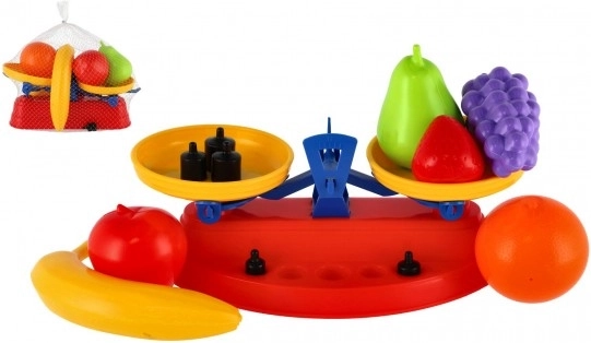 Plastmasas augļu komplekts ar virtuves svariem tīklā