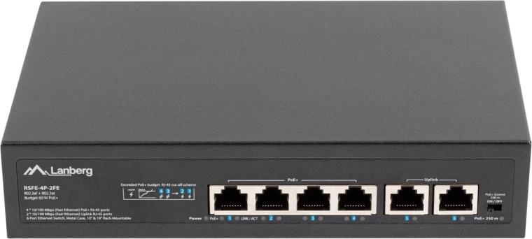 Lanberg slēdzis 4x PoE+ ar 2 uplink portiem