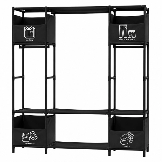 Open fabric wardrobe with shelves and clothes rails