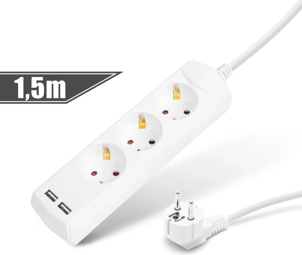 Pagarinātājs ar 3 kontaktligzdām un 2 USB portiem, 1,5 m