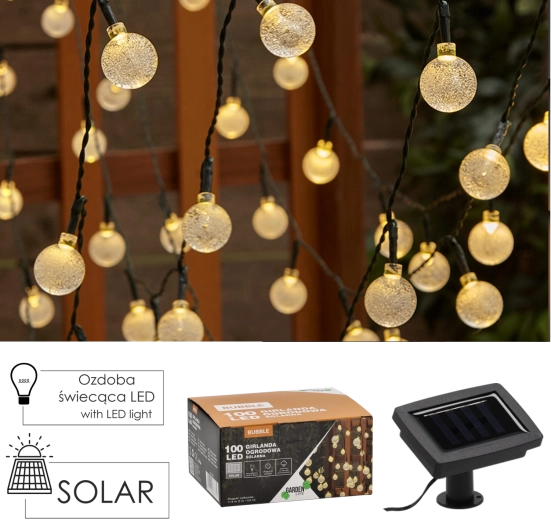 Saules dārza gaismas virtene BUBBLE 100 LED, silti balta, 11,9 m