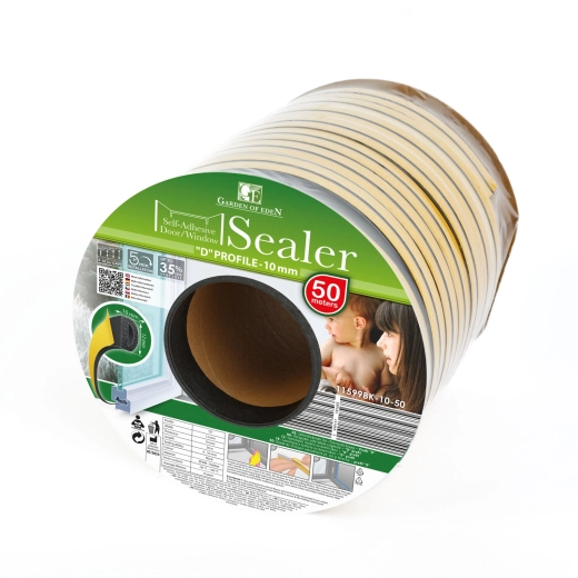 Self-adhesive D-profile rubber sealing strip for doors and windows, 50 m