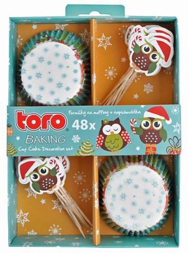Papīra formiņas mafiniem ar kociņiem TORO – Ziemassvētku pūces, 24 gab.
