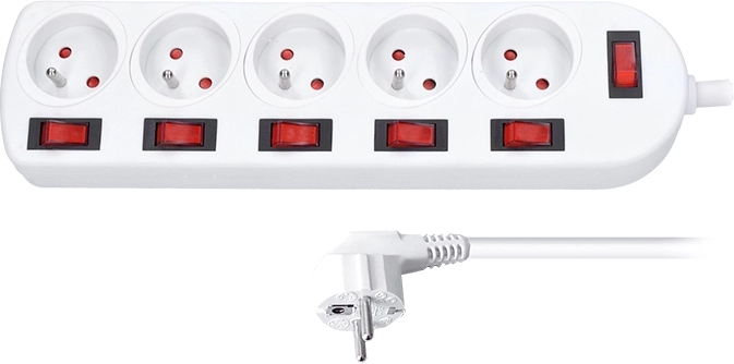 Solight pagarinātājs ar slēdžiem, 5 kontaktligzdas, 2 m, balts