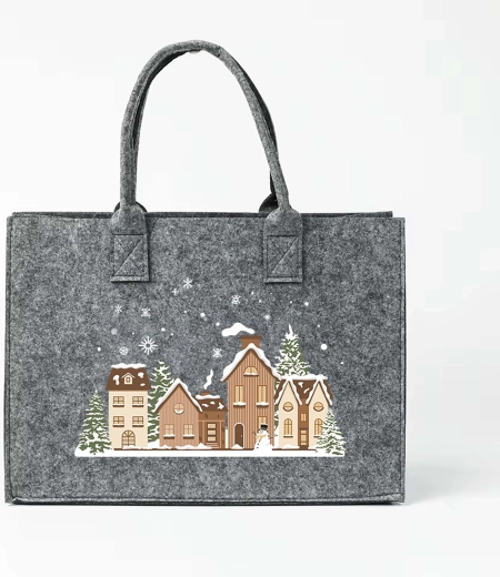 Gray felt Christmas bag with snowy houses