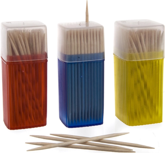 Wooden double-ended toothpicks in dispenser, set of 3 × 150 pcs