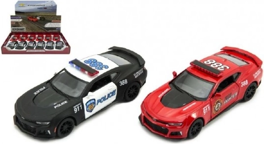Kinsmart Chevrolet Camaro – policijas un ugunsdzēsēju auto ar atpakaļgaitas piedziņu, 12 cm